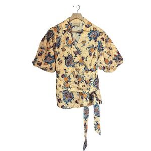 Elie Tahari Floral Sz Med Wrap Blouse Top Puff Sleeve Career Boho Coastal Tie